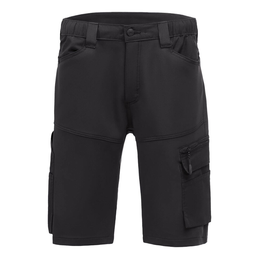 A black workwear garment designed for use on construction sites and in industrial work environments.,