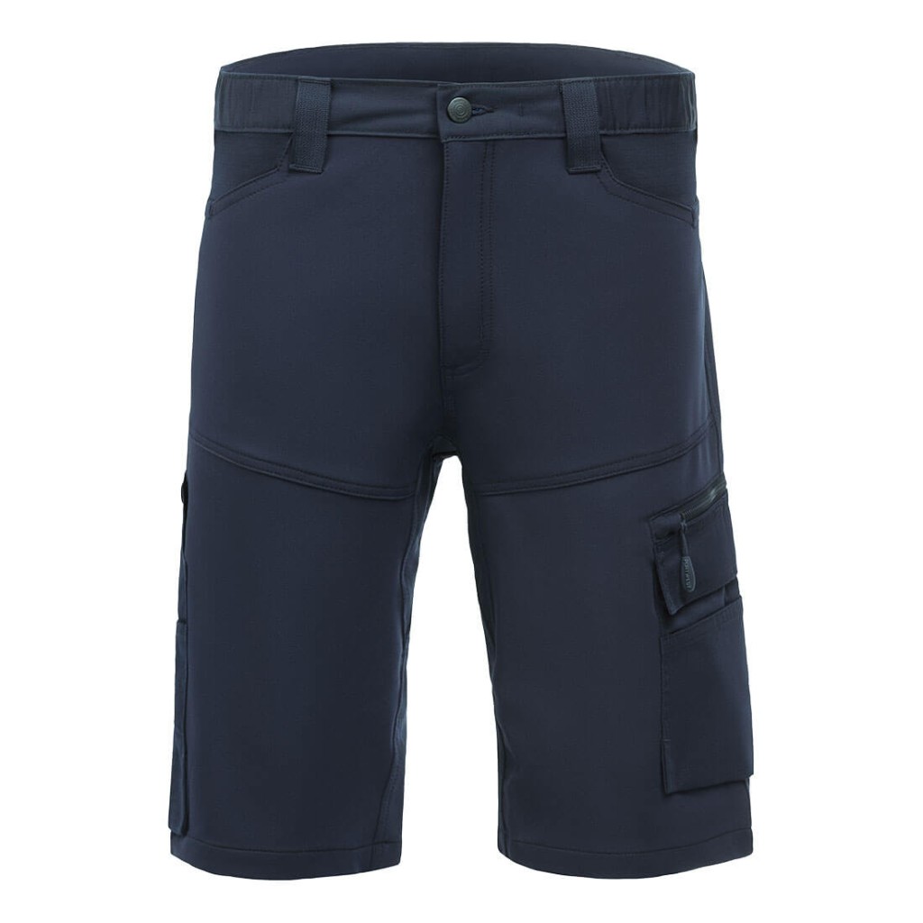A navy blue workwear garment designed for use on construction sites and in industrial work environments.,