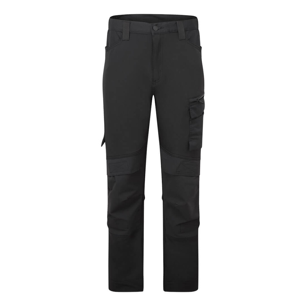 A pair of black work trousers designed for use on construction sites and in industrial work environments.,