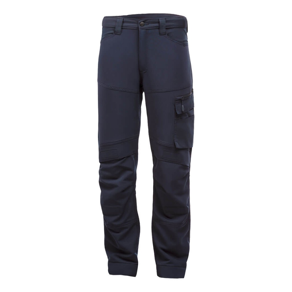 A pair of navy blue work trousers designed for use on construction sites and in industrial work environments.,