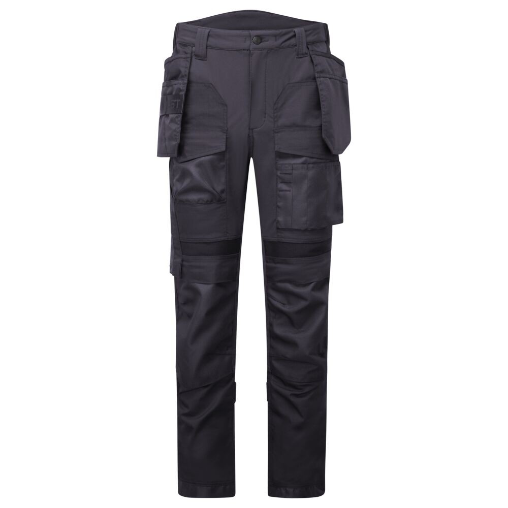 A pair of black work trousers designed for use on construction sites and in industrial work environments.,