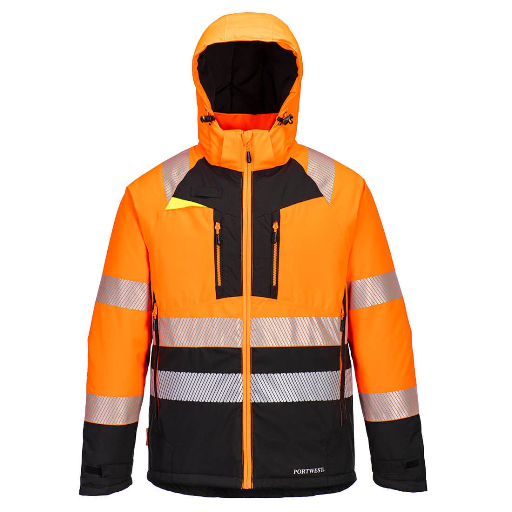 A high-visibility orange jacket featuring retroreflective tape panels, suitable for a wide range of outdoor and site work applications.