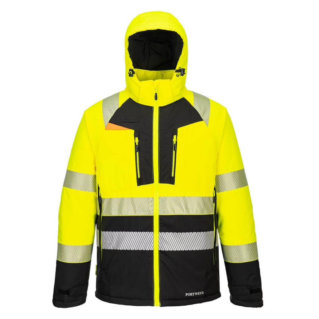 A high-visibility yellow jacket featuring retroreflective tape panels, suitable for a wide range of outdoor and site work applications.