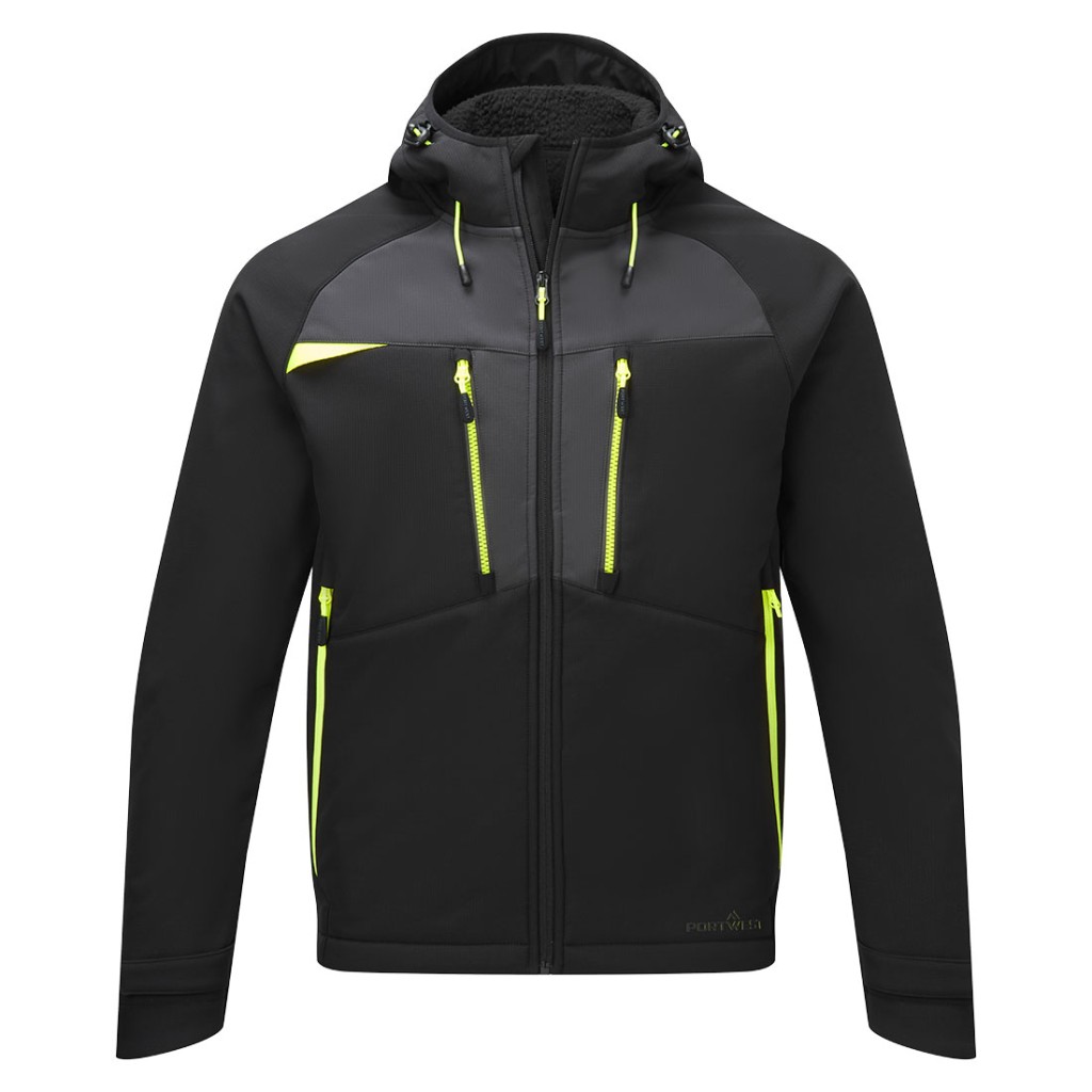 A black softshell jacket designed for use on construction sites and in industrial work environments.,