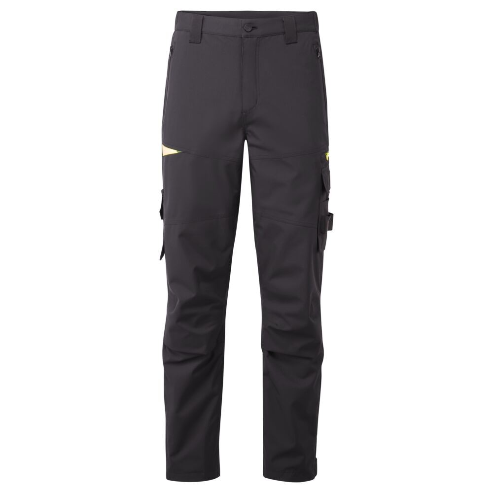 A pair of black work trousers designed for use on construction sites and in industrial work environments.,