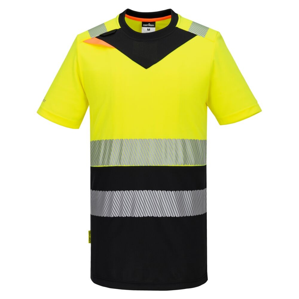 A high-visibility yellow work shirt featuring retroreflective tape panels, suitable for a wide range of outdoor and site work applications.