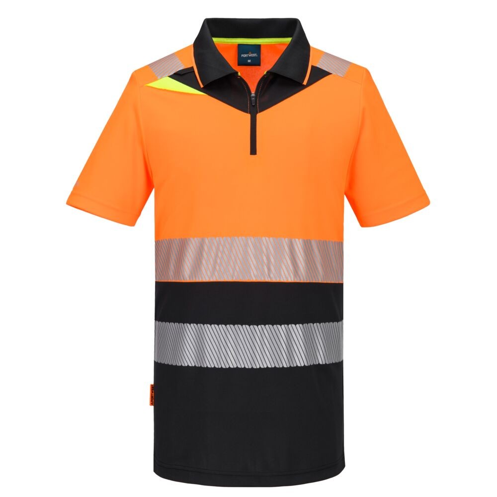 A high-visibility orange polo shirt featuring retroreflective tape panels, a full-length zip front, suitable for a wide range of outdoor and site work applications.