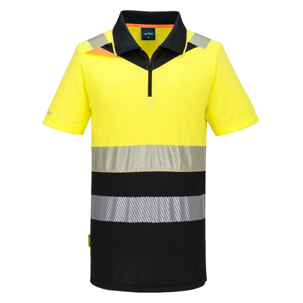 A high-visibility yellow polo shirt featuring retroreflective tape panels, a full-length zip front, suitable for a wide range of outdoor and site work applications.