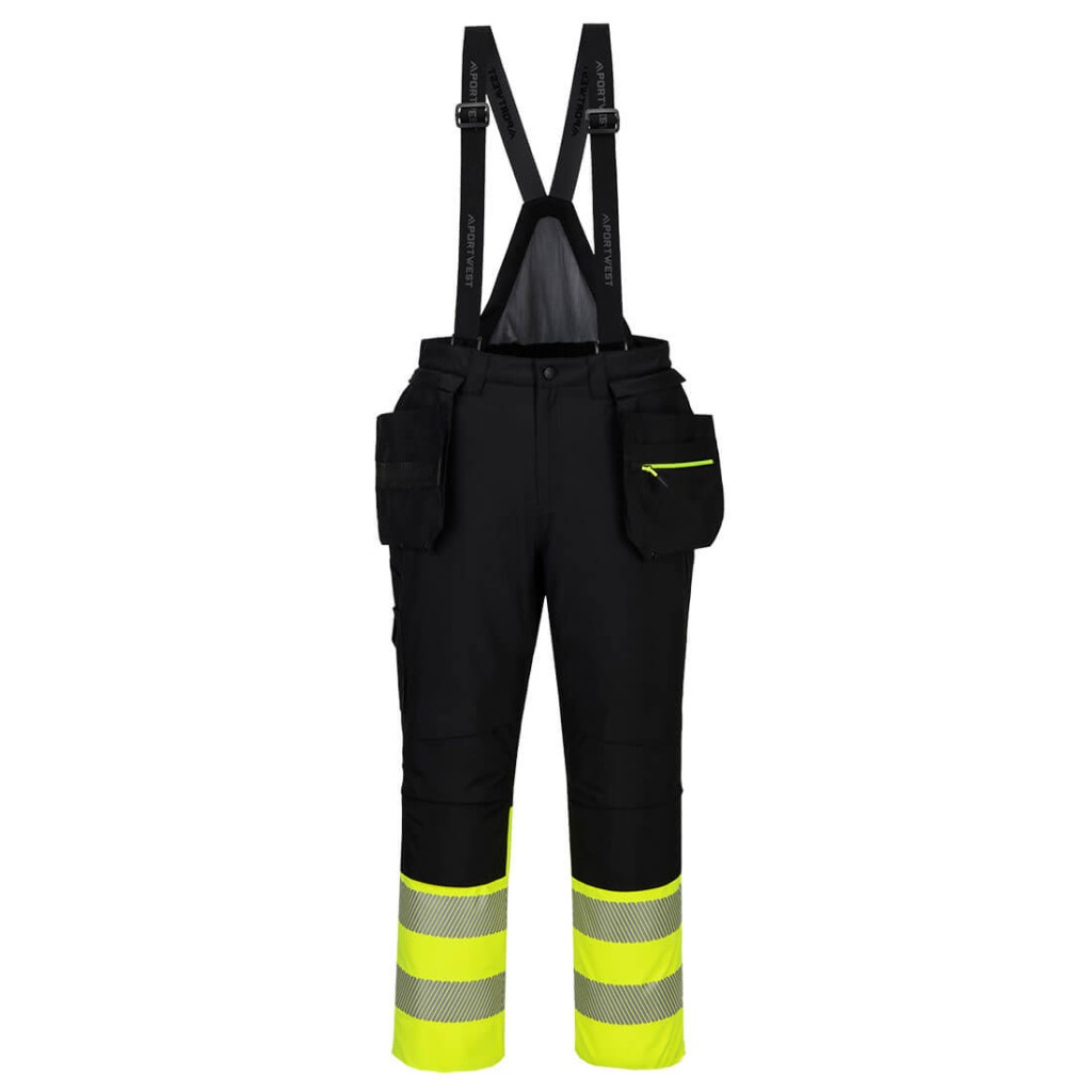 A high-visibility yellow workwear garment featuring retroreflective tape panels, suitable for a wide range of outdoor and site work applications.