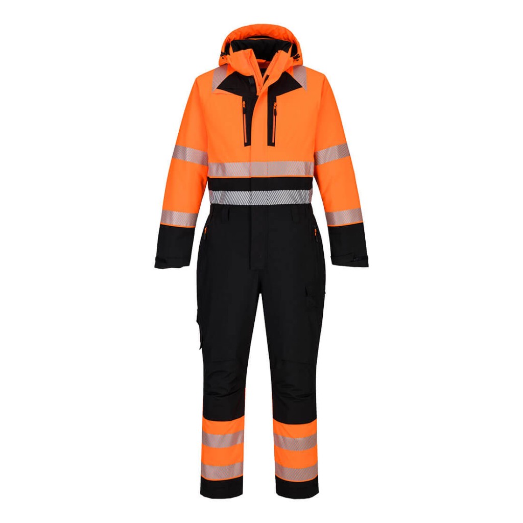 A high-visibility orange coverall featuring retroreflective tape panels, suitable for a wide range of outdoor and site work applications.