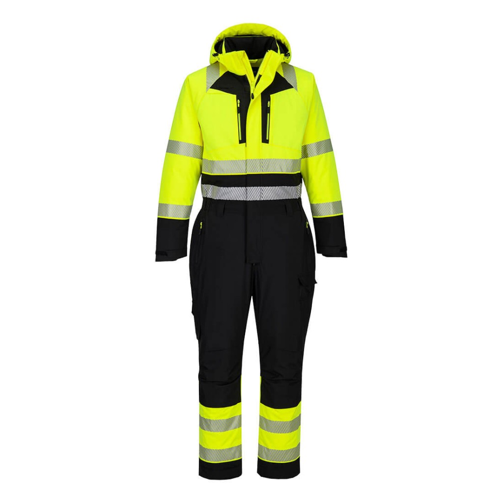 A high-visibility yellow coverall featuring retroreflective tape panels, suitable for a wide range of outdoor and site work applications.