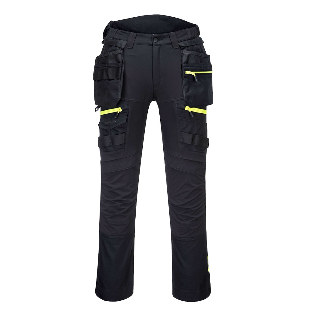 A pair of black work trousers featuring functional pockets, suitable for a wide range of outdoor and site work applications.