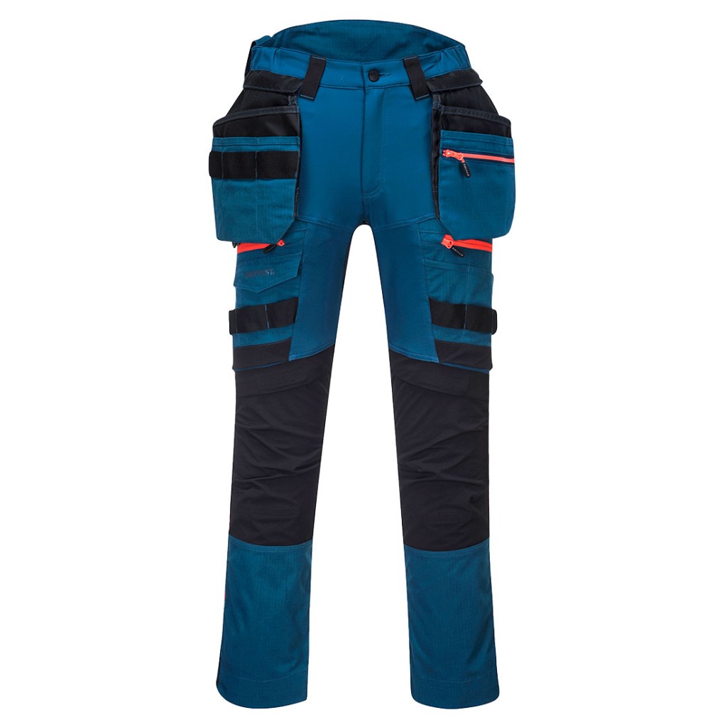 A pair of blue work trousers featuring functional pockets, suitable for a wide range of outdoor and site work applications.