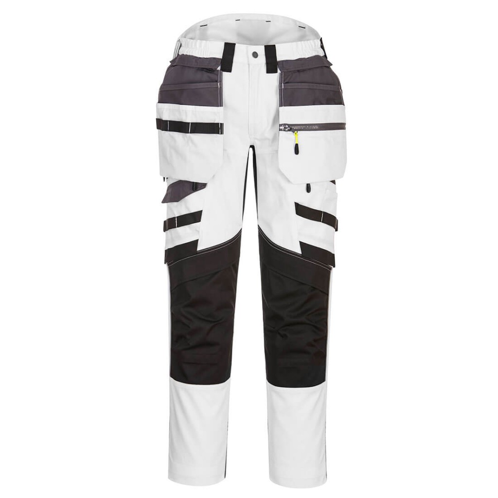 A pair of white work trousers featuring functional pockets, suitable for a wide range of outdoor and site work applications.