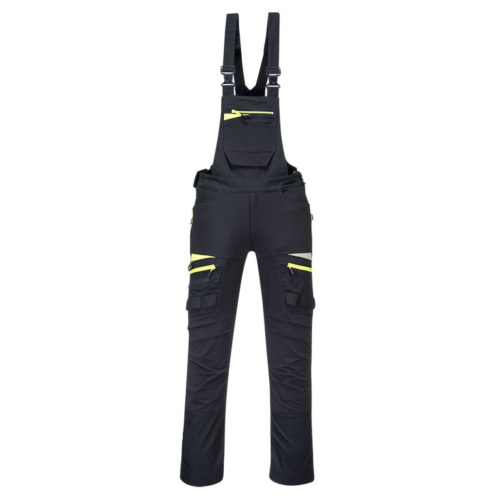 A black workwear garment designed for use on construction sites and in industrial work environments.,