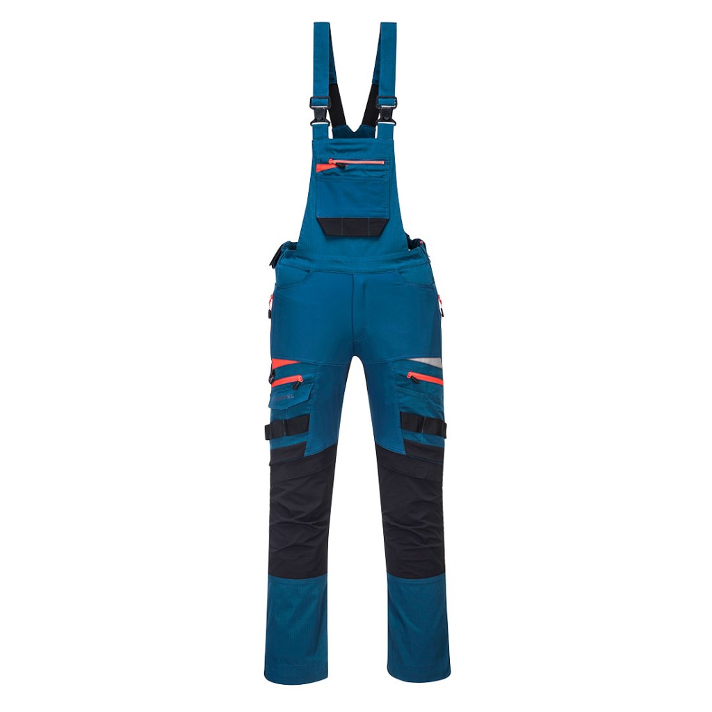 A blue workwear garment designed for use on construction sites and in industrial work environments.,