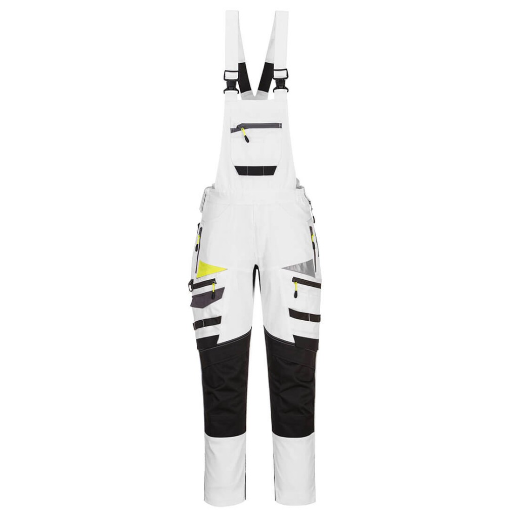 A white workwear garment designed for use on construction sites and in industrial work environments.,