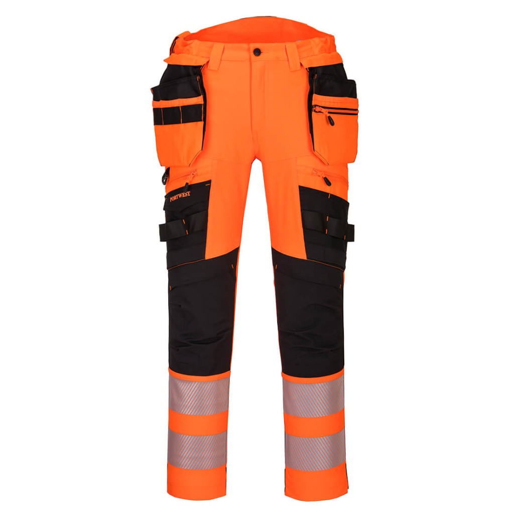 A pair of high-visibility orange trousers featuring retroreflective tape panels, functional pockets, suitable for a wide range of outdoor and site work applications.