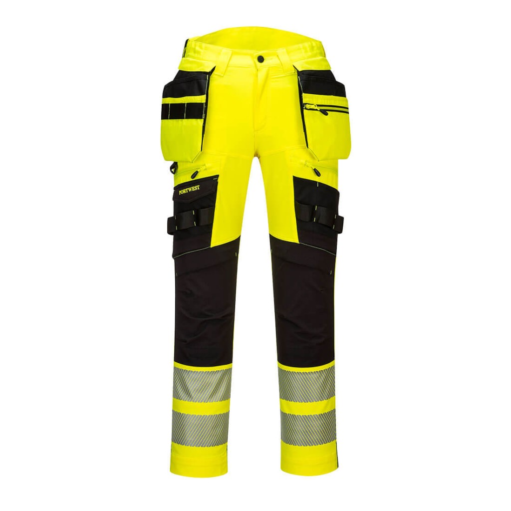 A pair of high-visibility yellow trousers featuring retroreflective tape panels, functional pockets, suitable for a wide range of outdoor and site work applications.