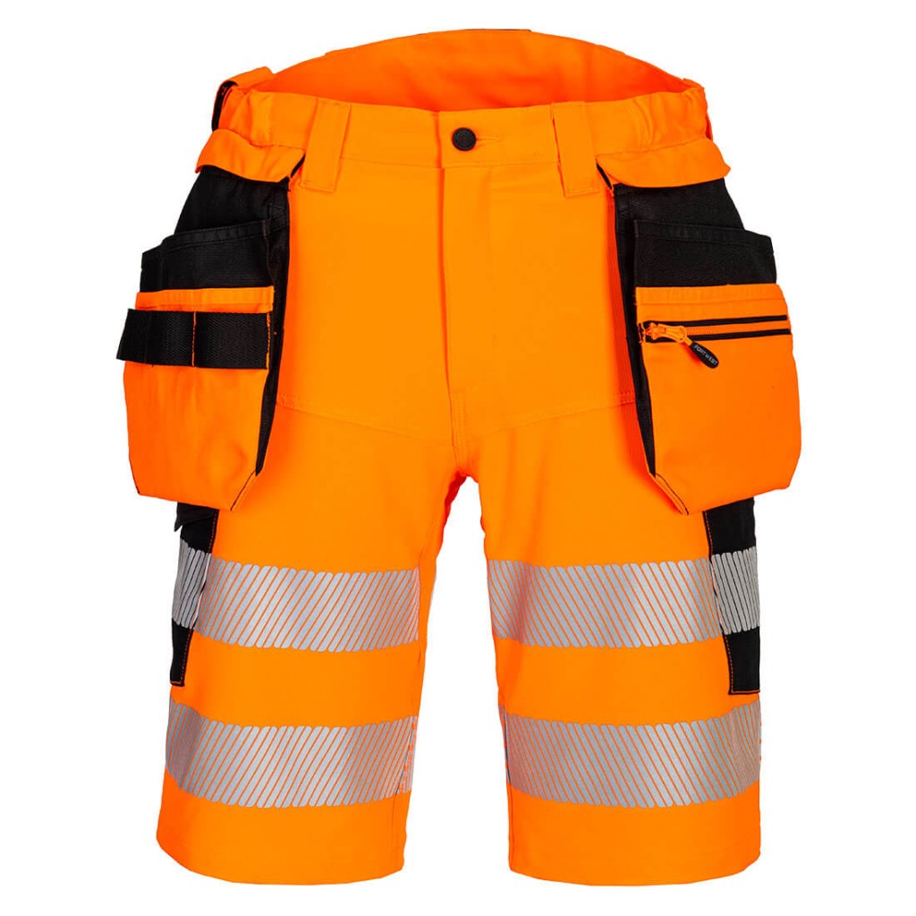 A high-visibility orange workwear garment featuring retroreflective tape panels, functional pockets, suitable for a wide range of outdoor and site work applications.