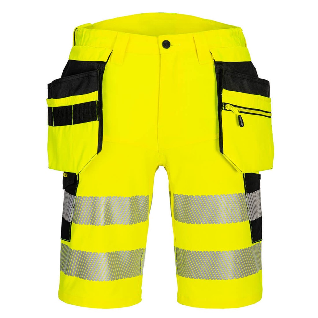 A high-visibility yellow workwear garment featuring retroreflective tape panels, functional pockets, suitable for a wide range of outdoor and site work applications.