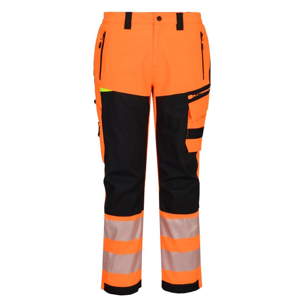 A pair of high-visibility orange trousers featuring retroreflective tape panels, suitable for a wide range of outdoor and site work applications.