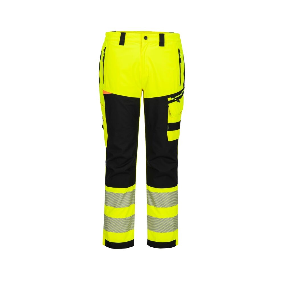 A pair of high-visibility yellow trousers featuring retroreflective tape panels, suitable for a wide range of outdoor and site work applications.