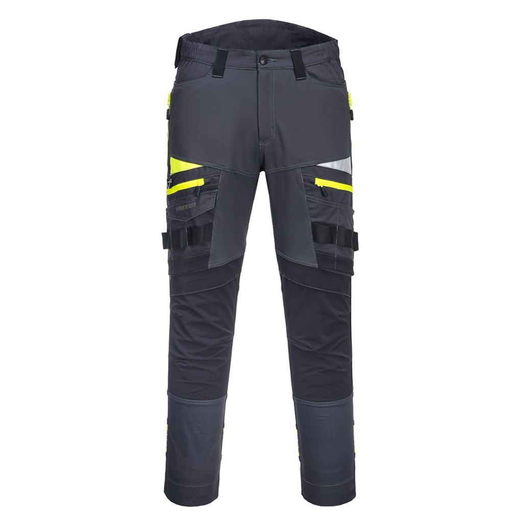 A pair of grey work trousers designed for use on construction sites and in industrial work environments.,