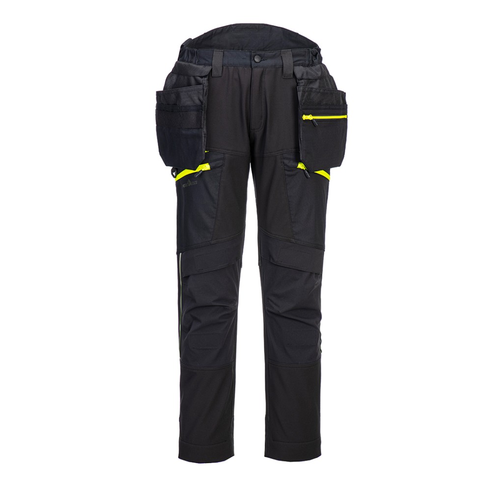 A pair of black work trousers designed for use on construction sites and in industrial work environments.,