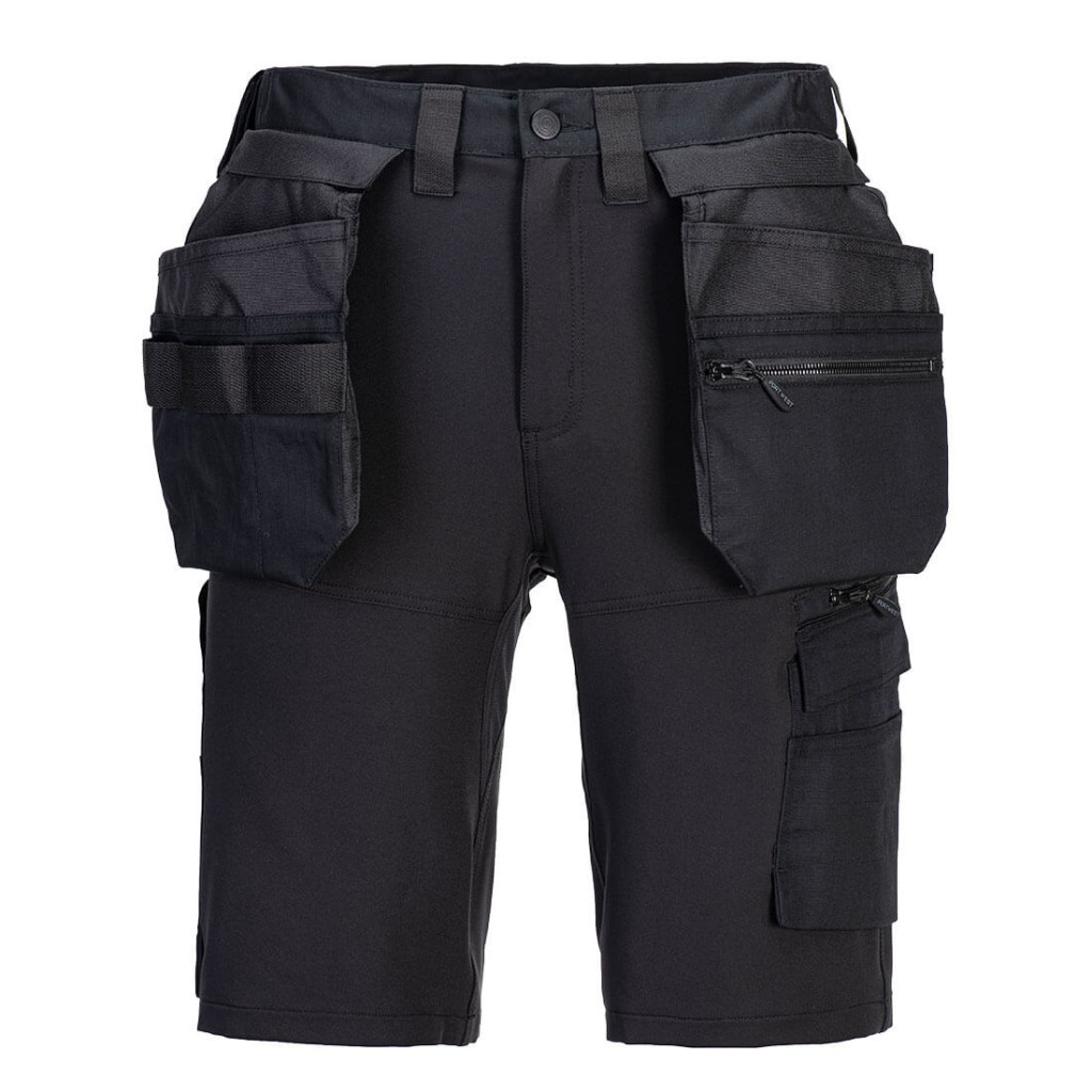 A black workwear garment designed for use on construction sites and in industrial work environments.,