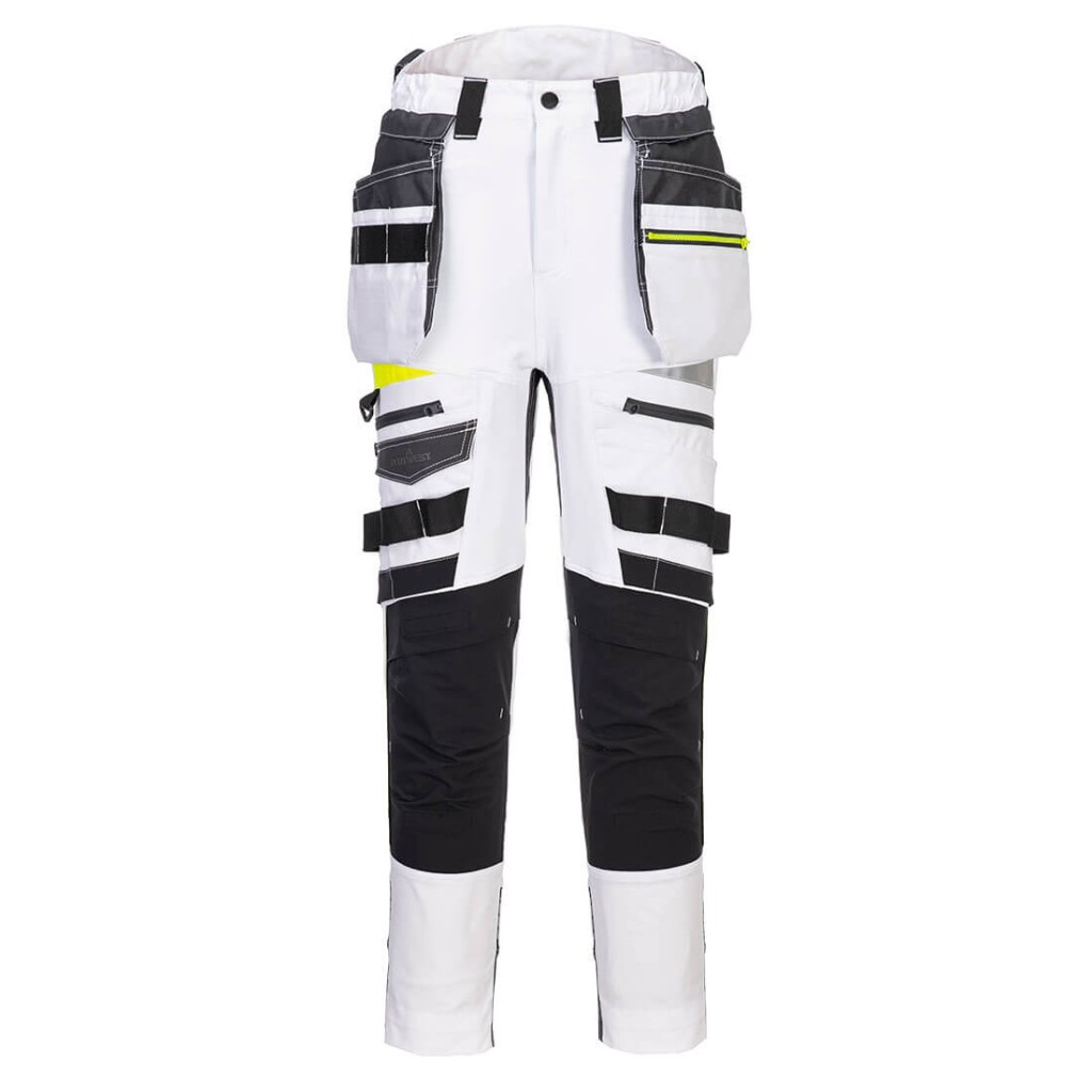 A pair of women's white work trousers featuring functional pockets, suitable for a wide range of outdoor and site work applications.