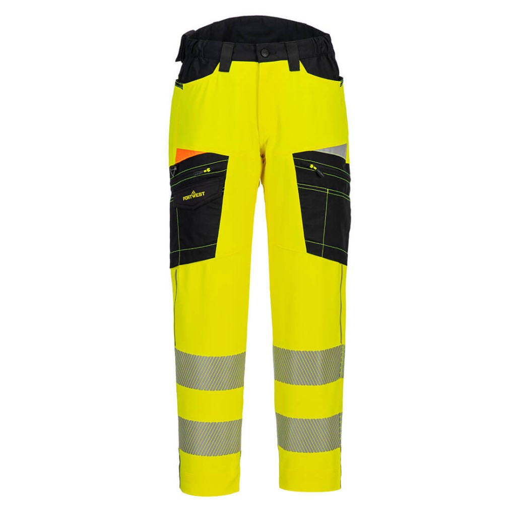 A pair of high-visibility yellow trousers featuring retroreflective tape panels, suitable for a wide range of outdoor and site work applications.