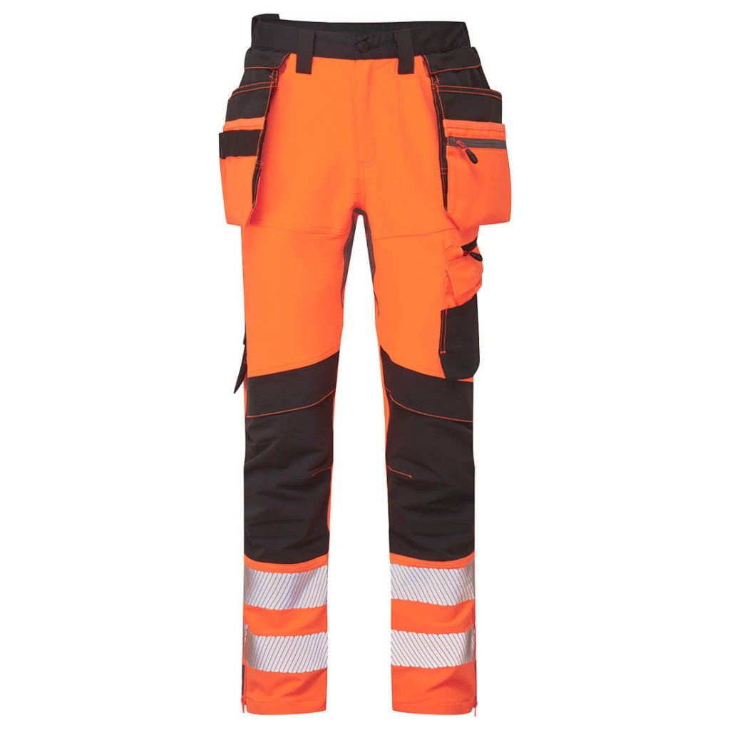 A pair of high-visibility orange trousers featuring retroreflective tape panels, functional pockets, suitable for a wide range of outdoor and site work applications.