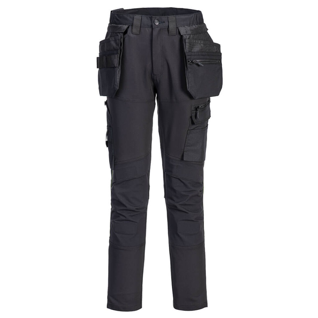 A pair of black work trousers designed for use on construction sites and in industrial work environments.,