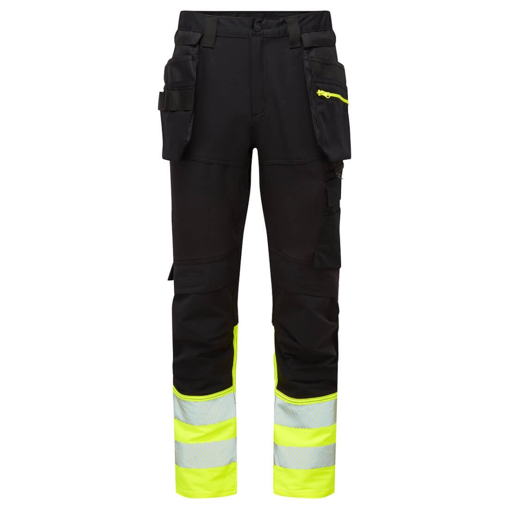 A pair of high-visibility yellow trousers featuring retroreflective tape panels, functional pockets, suitable for a wide range of outdoor and site work applications.