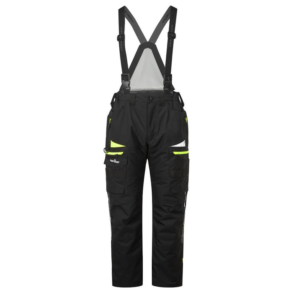 A pair of black work trousers designed for use on construction sites and in industrial work environments.,
