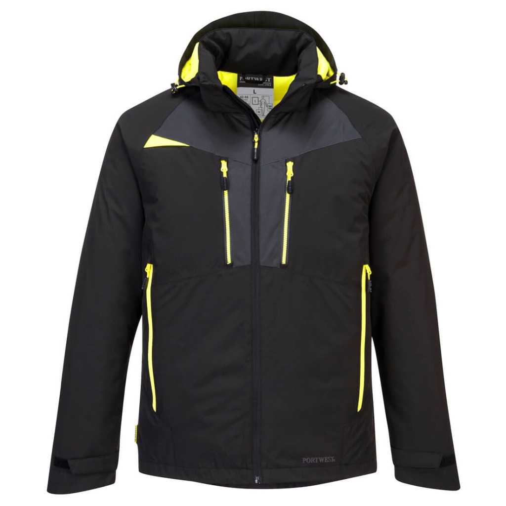 A black jacket designed for use on construction sites and in industrial work environments.,