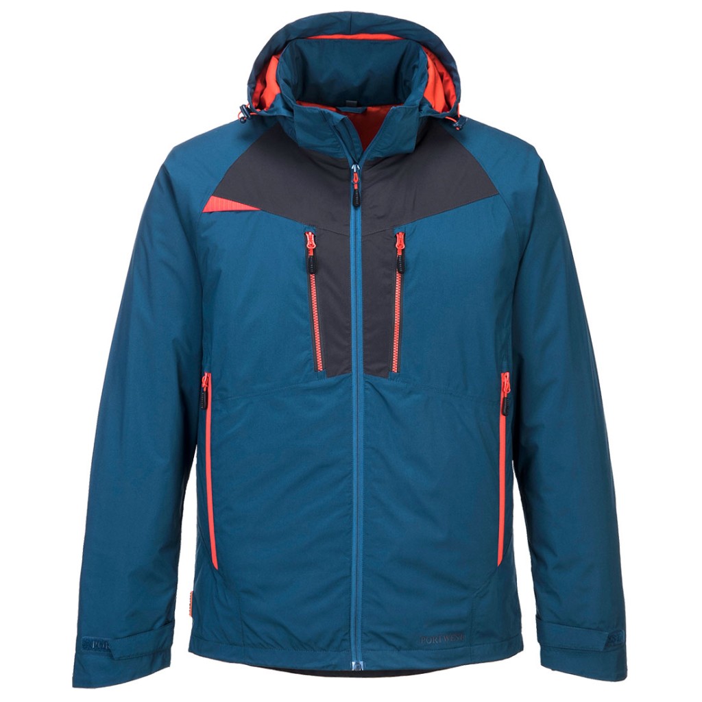 A blue jacket designed for use on construction sites and in industrial work environments.,