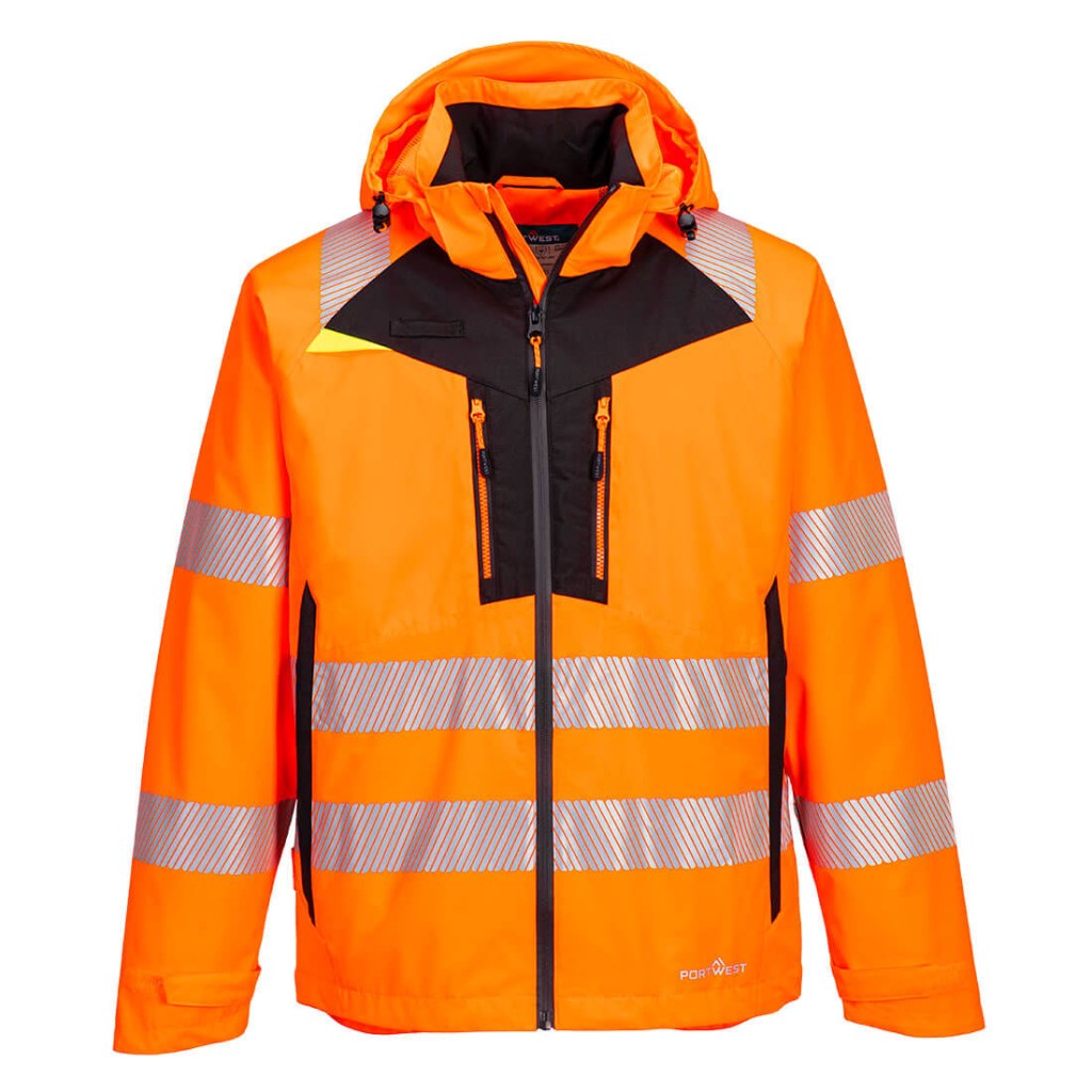 A high-visibility orange waterproof jacket featuring retroreflective tape panels, suitable for a wide range of outdoor and site work applications.