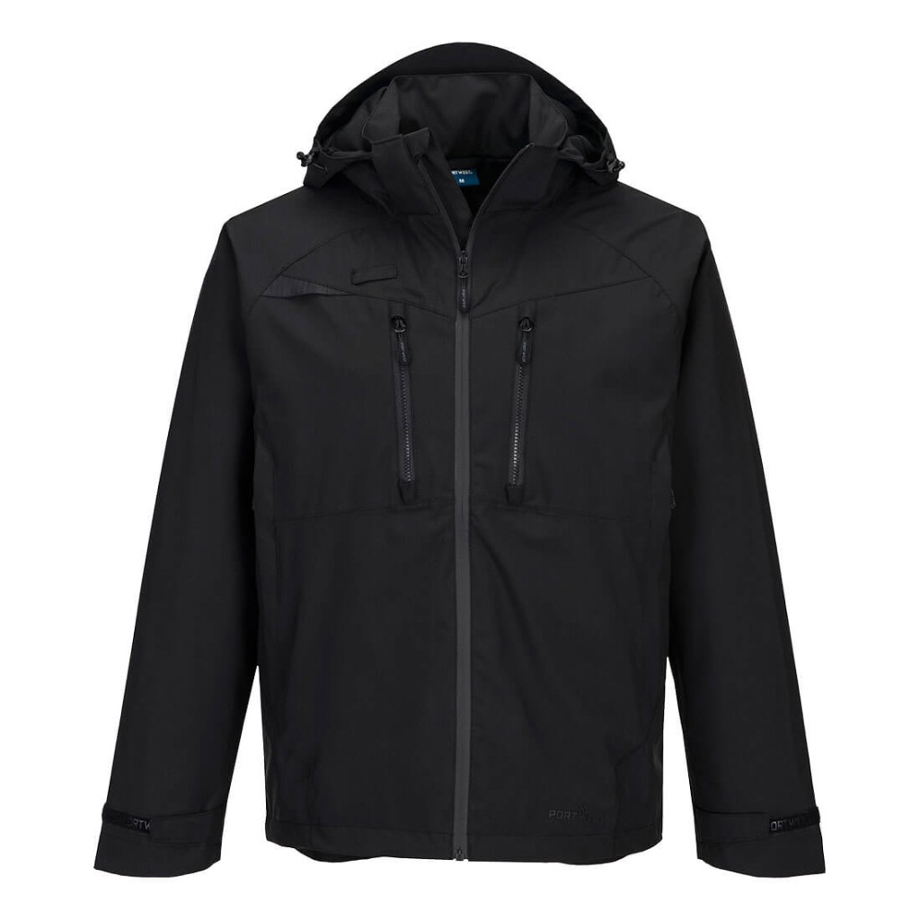 A black waterproof jacket designed for use on construction sites and in industrial work environments.,