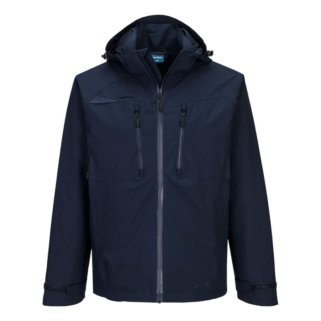 A navy blue waterproof jacket designed for use on construction sites and in industrial work environments.,
