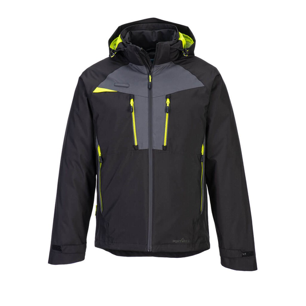 A black jacket designed for use on construction sites and in industrial work environments.,