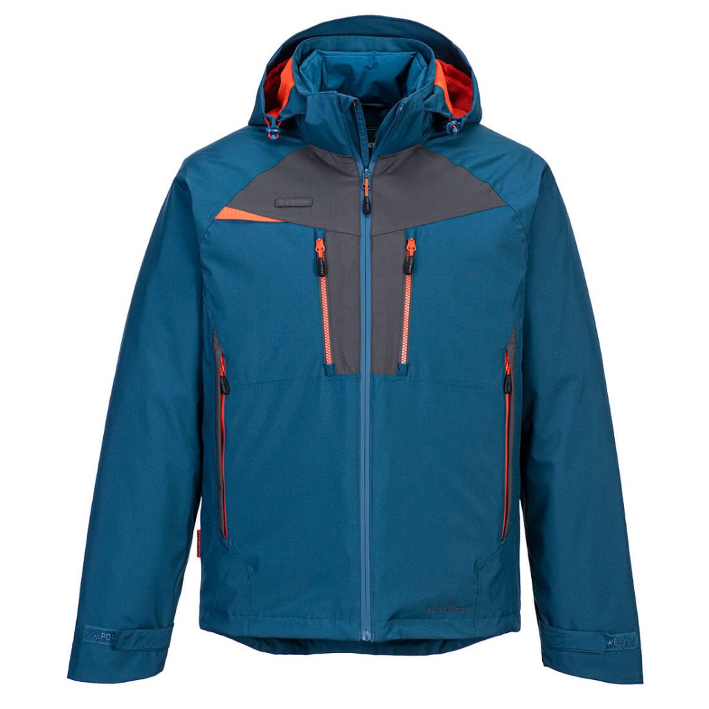 A blue jacket designed for use on construction sites and in industrial work environments.,