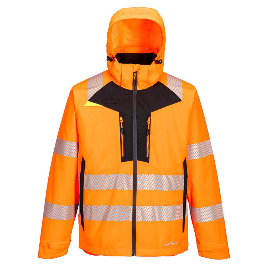 A high-visibility orange jacket featuring retroreflective tape panels, suitable for a wide range of outdoor and site work applications.