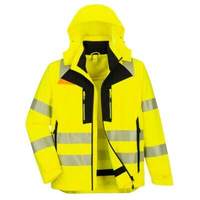 A high-visibility yellow jacket featuring retroreflective tape panels, suitable for a wide range of outdoor and site work applications.