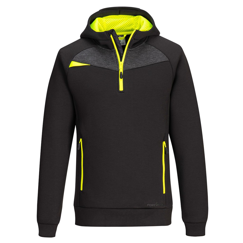 A black sweatshirt featuring a full-length zip front, suitable for a wide range of outdoor and site work applications.