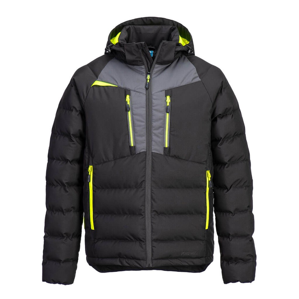 A black padded jacket featuring a warm thermal lining, suitable for a wide range of outdoor and site work applications.