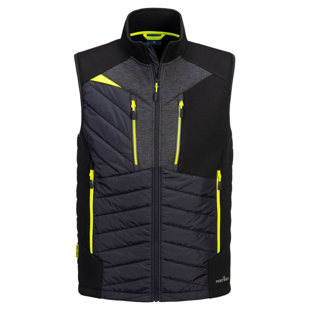 A black safety vest designed for use on construction sites and in industrial work environments.,