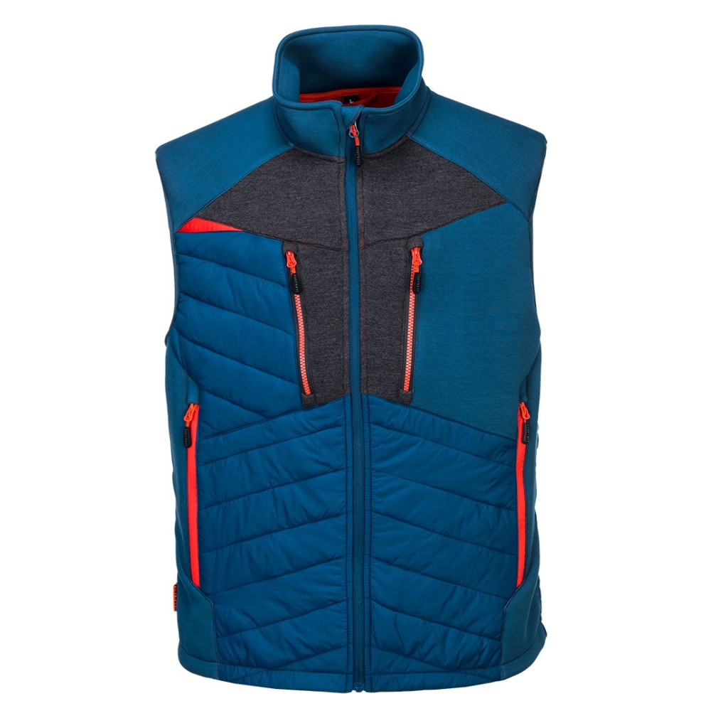 A blue safety vest designed for use on construction sites and in industrial work environments.,