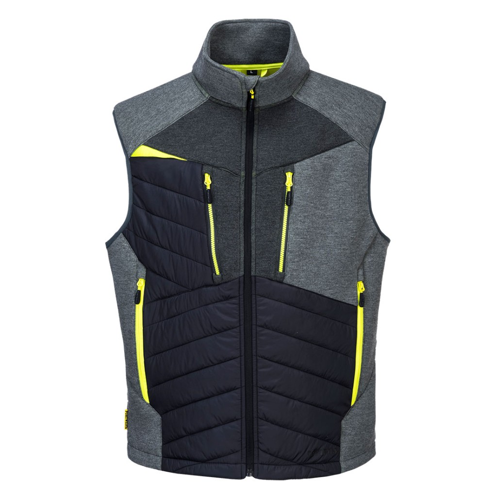 A grey safety vest designed for use on construction sites and in industrial work environments.,